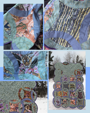 Modern double wedding ring featuring Asian fabrics